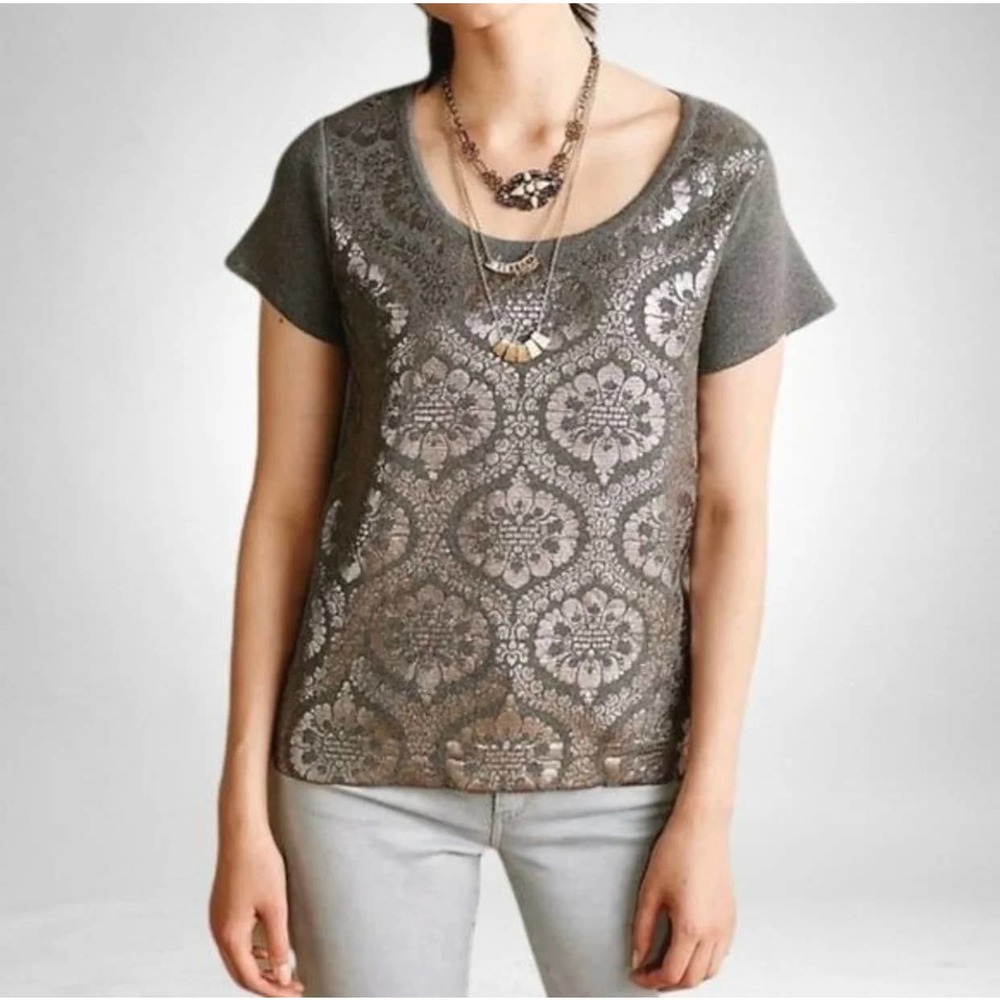 Anthropologie Moth Drawing Room Silver Foil Sweater Top Shirt Small